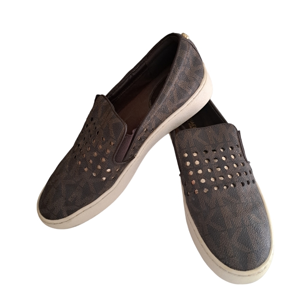 MK Michael KORS Keaton loafer shoes flats slip on laser cut out brown gold 6.5 - Picture 1 of 10